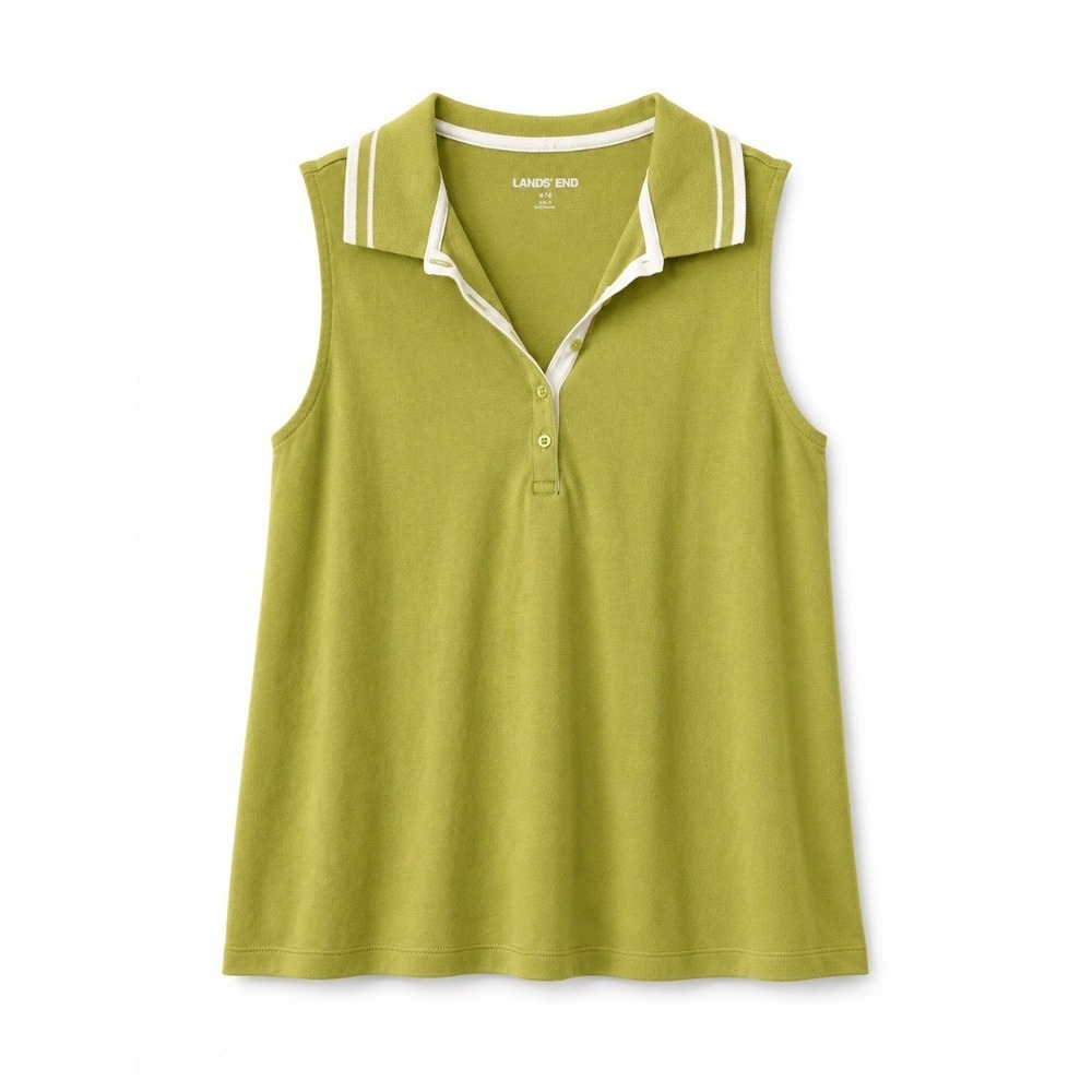 Lands End Womens Sleeveless Polo Top Green White Collar Henley Size M 10 12